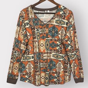 Cato Ethnic Top Women Size‎ M Multicolor V-Neck Tribal Aztec Long Sleeve Stretch